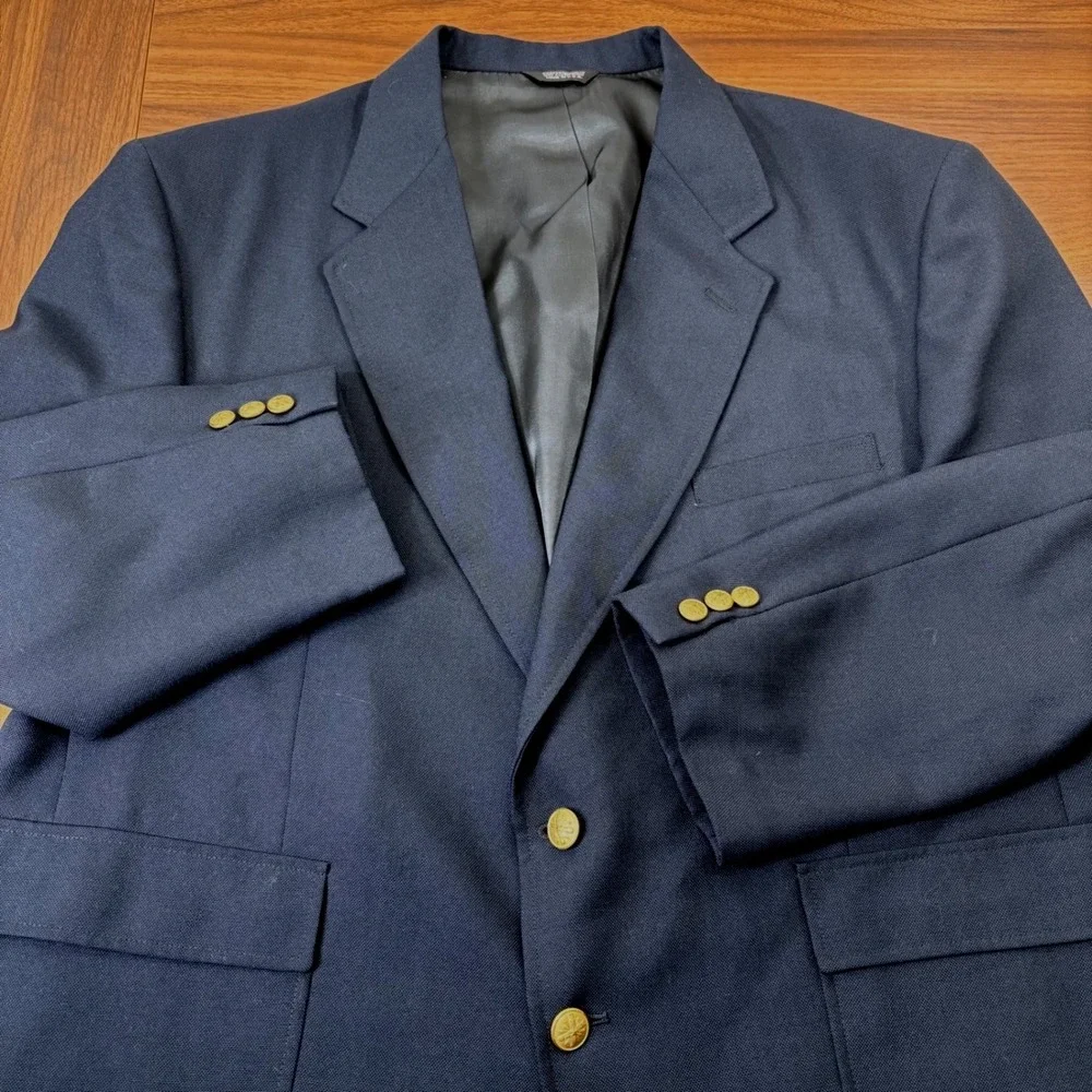 Cross & Winsor Blazer Wool 48S‎ Navy Blue Gold Crest Button Old Money Preppy